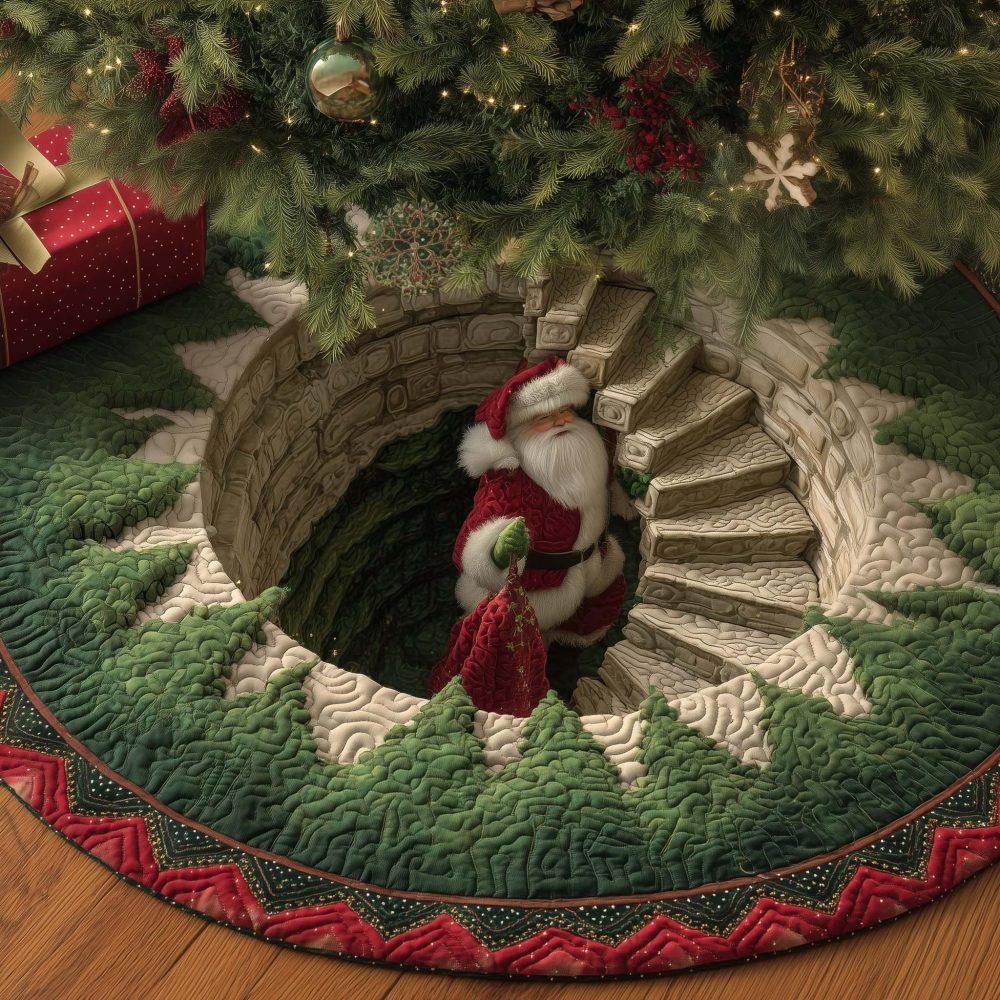 Santa Descending The Green Well Tree Skirt — Custom Made-To-Order Holiday Tree Skirt With Vintage-Inspired Charm