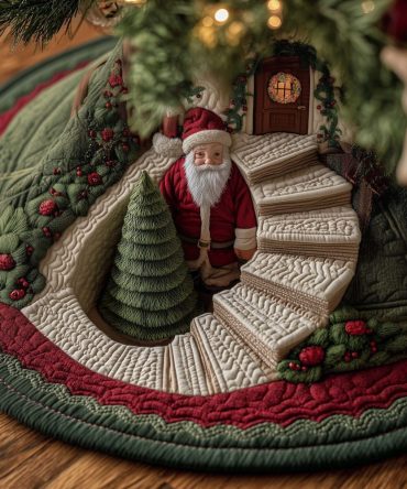 Winding Staircase Santa Holiday Tree Skirt — Handmade, Made-To-Order Christmas Tree Skirt For Elegant Seasonal Displays
