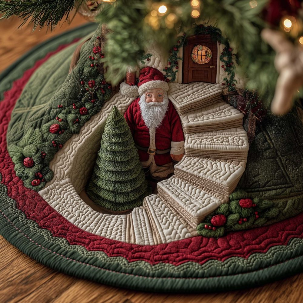 Winding Staircase Santa Holiday Tree Skirt — Handmade, Made-To-Order Christmas Tree Skirt For Elegant Seasonal Displays