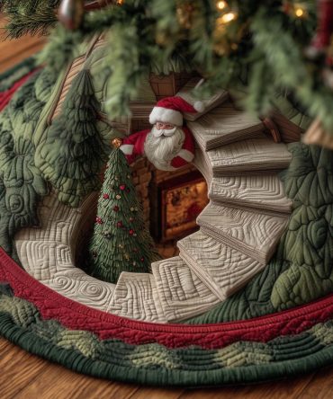 Cozy Cottage Stairwell Santa Tree Skirt — Custom Made-To-Order Holiday Tree Skirt For Traditional & Rustic Christmas Decor