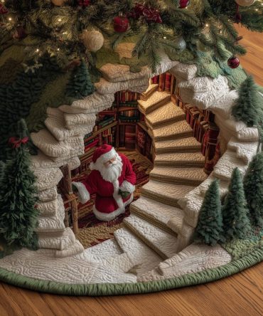Custom Santa Among The Book Staircase Tree Skirt — Made-To-Order Literary Holiday Christmas Tree Skirt For Book Lovers