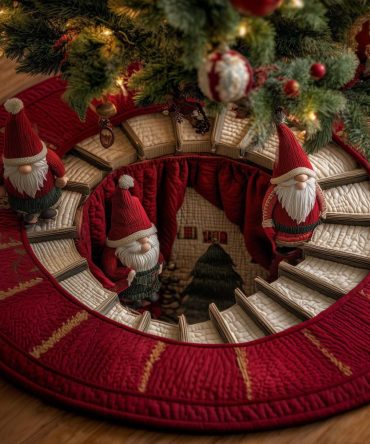 Red Rim Staircase Gnomes Christmas Tree Skirt — Handcrafted Red-Trimmed Gnome Skirt With Staircase Scene, Custom Fit For Any Tree