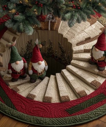 Spiral Well Gnomes Christmas Tree Skirt — Unique Handcrafted Spiral Well Scene With Gnomes, Custom Sizing And Durable Construction