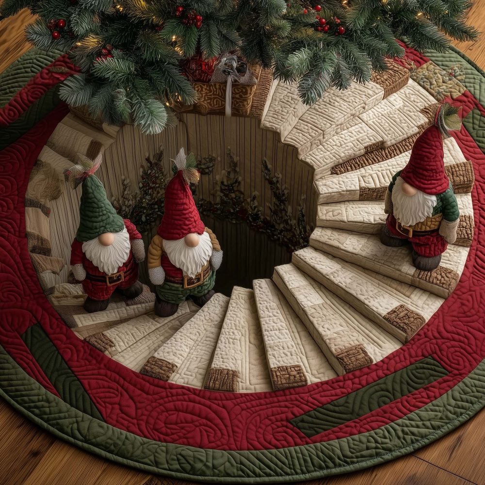 Spiral Well Gnomes Christmas Tree Skirt — Unique Handcrafted Spiral Well Scene With Gnomes, Custom Sizing And Durable Construction