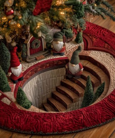 Crimson Stairwell Gnomes Christmas Tree Skirt — Rich Red Handmade Holiday Skirt With Gnome Scene, Custom Options & Gift Packaging