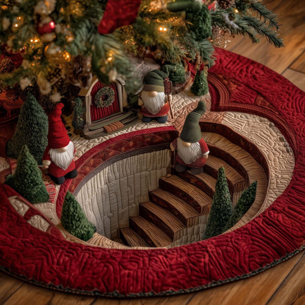Crimson Stairwell Gnomes Christmas Tree Skirt — Rich Red Handmade Holiday Skirt With Gnome Scene, Custom Options & Gift Packaging