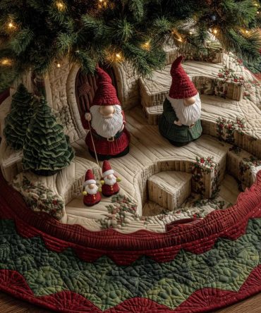 Stepped Terrace Gnomes Christmas Tree Skirt — Handcrafted Whimsical Gnome Skirt With Terraced Scene, Custom Sizes & Durable Finish