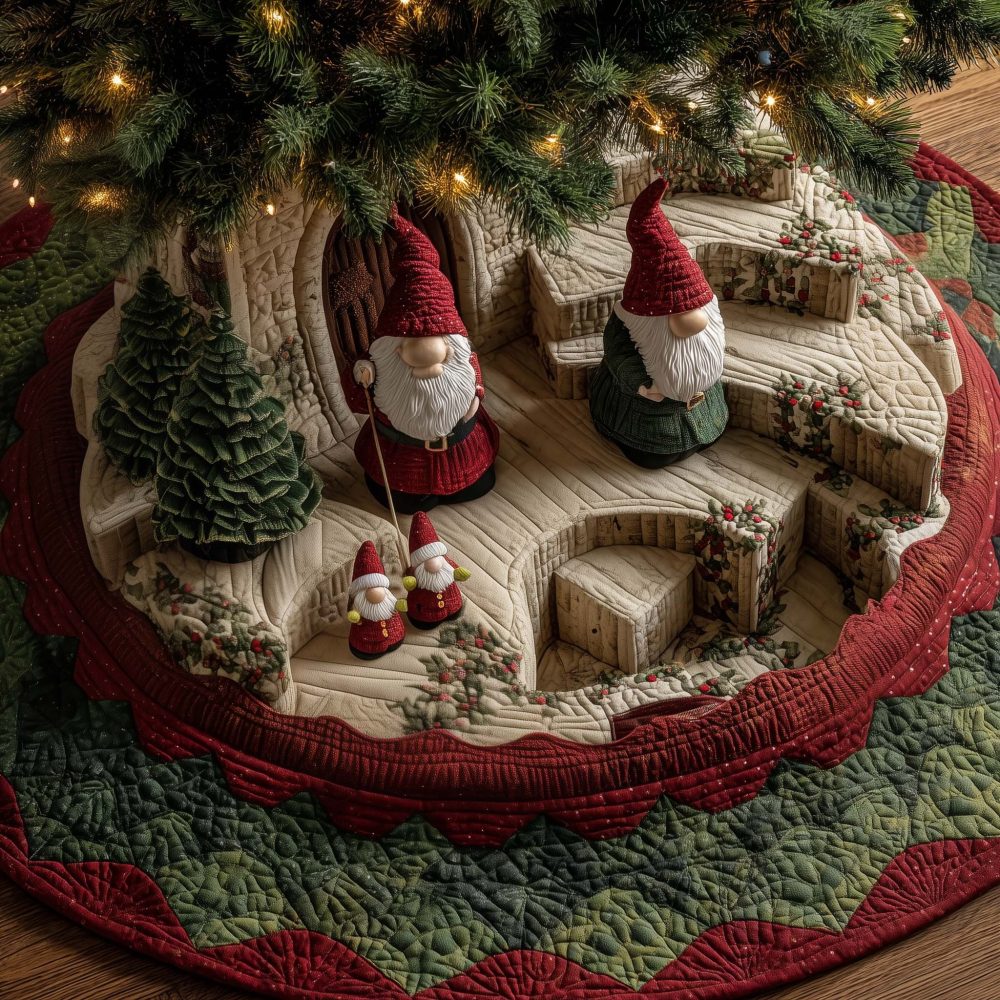 Stepped Terrace Gnomes Christmas Tree Skirt — Handcrafted Whimsical Gnome Skirt With Terraced Scene, Custom Sizes & Durable Finish