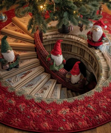 Snow Stair Gnomes Christmas Tree Skirt — Hand-Sewn Gnome Staircase Scene, Festive Winter Skirt With Custom Sizing And Trim Choices