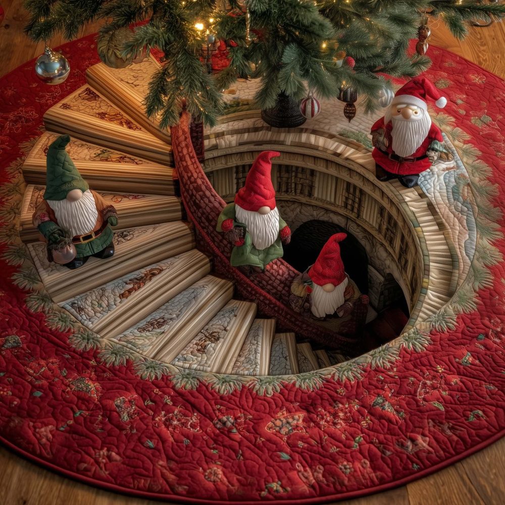 Snow Stair Gnomes Christmas Tree Skirt — Hand-Sewn Gnome Staircase Scene, Festive Winter Skirt With Custom Sizing And Trim Choices