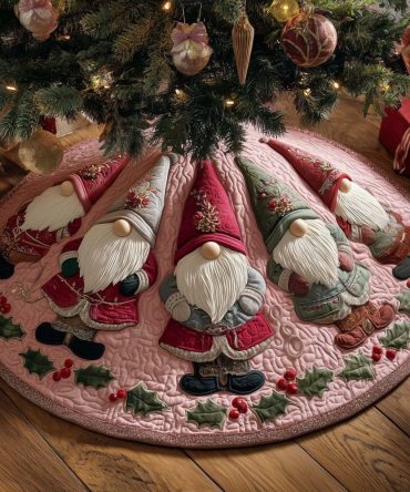 Pink Quilt Gnome Trio Christmas Tree Skirt — Cute Handmade Holiday Skirt In Soft Pink Quilt, Custom Sizes & Personalization Available