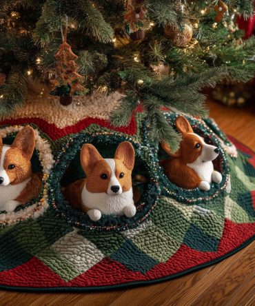 Adorable Corgis Peeking Patchwork Tree Skirt — Custom Handmade Christmas Skirt For Pet Lovers, Quilted Holiday Accent