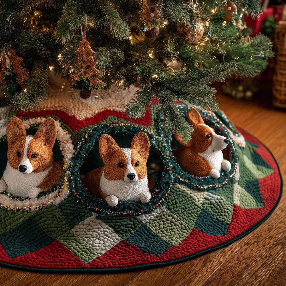 Adorable Corgis Peeking Patchwork Tree Skirt — Custom Handmade Christmas Skirt For Pet Lovers, Quilted Holiday Accent