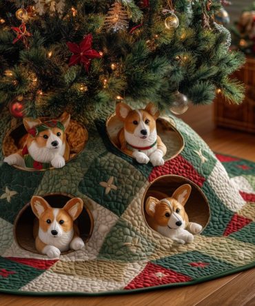 Green Patch Burrows Corgis Tree Skirt — Handmade Quilted Holiday Skirt, Custom Orders Welcome For Festive Home Styling