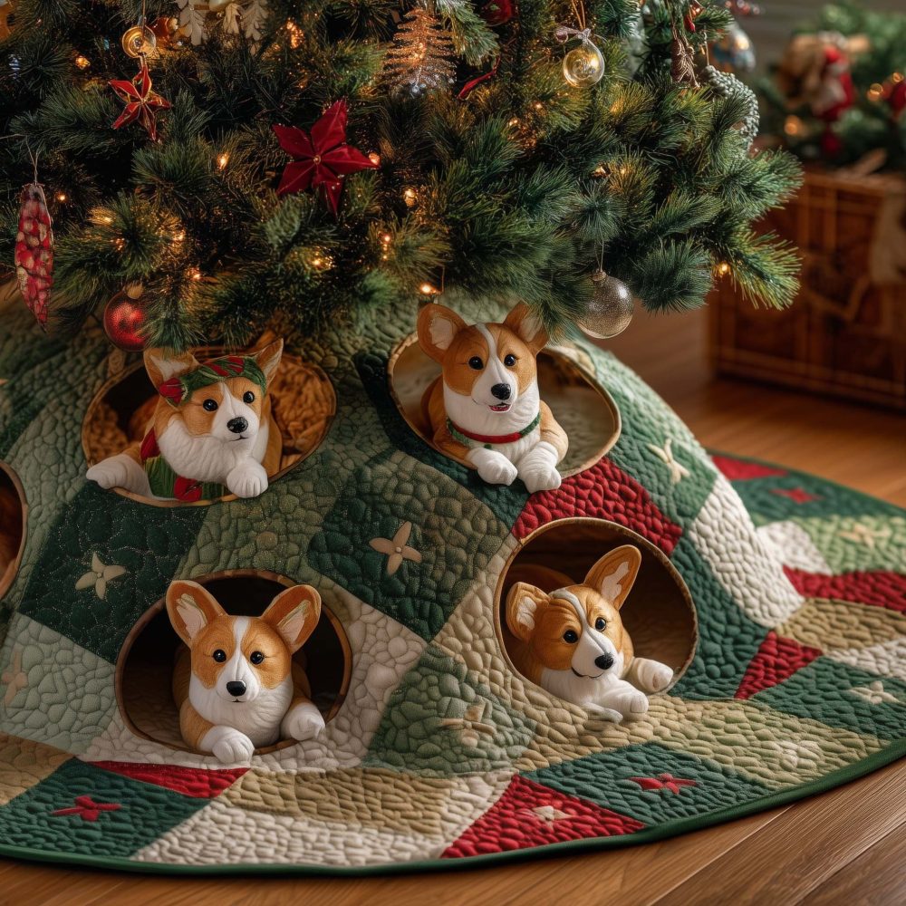 Green Patch Burrows Corgis Tree Skirt — Handmade Quilted Holiday Skirt, Custom Orders Welcome For Festive Home Styling