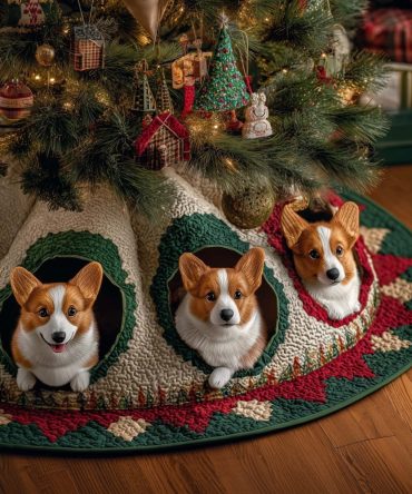 Handmade Quilted Corgi Wreath Holiday Tree Skirt — Custom Made-To-Order Christmas Decor For Pet Lovers & Cozy Living Rooms