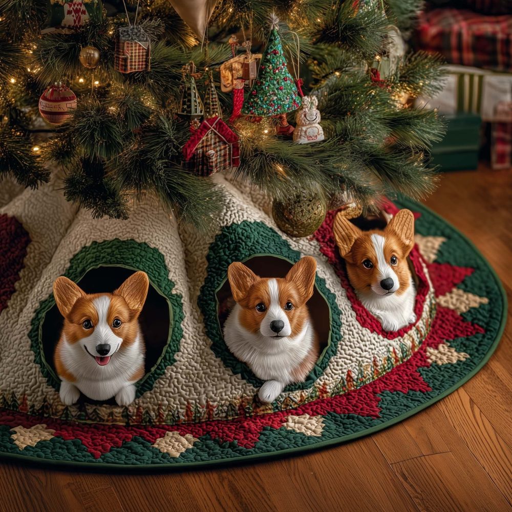 Handmade Quilted Corgi Wreath Holiday Tree Skirt — Custom Made-To-Order Christmas Decor For Pet Lovers & Cozy Living Rooms