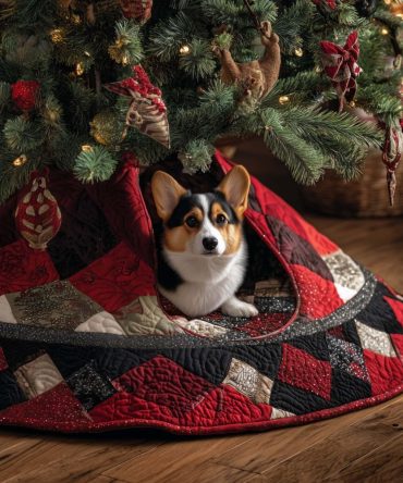 Elegant Black Patch Quilt Corgi Tree Skirt — Handmade, Custom-Sized Christmas Skirt With Sophisticated Holiday Flair
