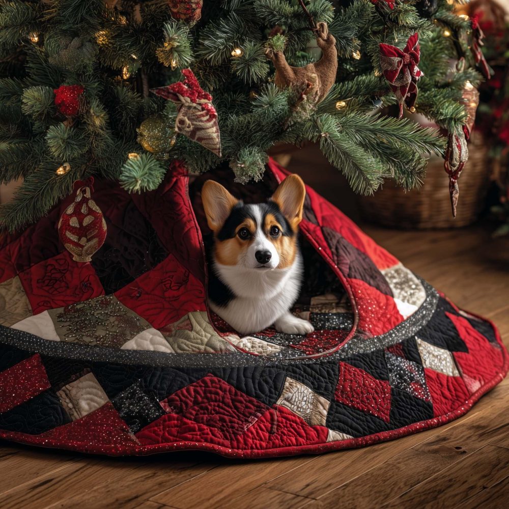 Elegant Black Patch Quilt Corgi Tree Skirt — Handmade, Custom-Sized Christmas Skirt With Sophisticated Holiday Flair