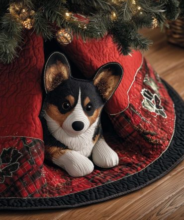 Custom Quilted Corgi In Red Tartan Tree Skirt — Made-To-Order Plaid Christmas Skirt For Cozy Holiday Décor & Gift Giving