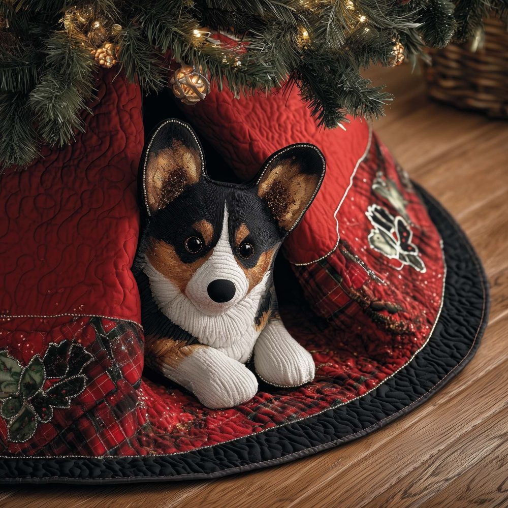Custom Quilted Corgi In Red Tartan Tree Skirt — Made-To-Order Plaid Christmas Skirt For Cozy Holiday Décor & Gift Giving