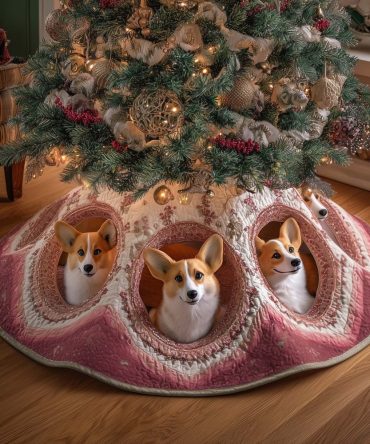 Pink Quilted Corgi Christmas Tree Skirt - Handmade Custom Quilt-Hole Tree Collar Featuring Cute Corgis, Made To Order