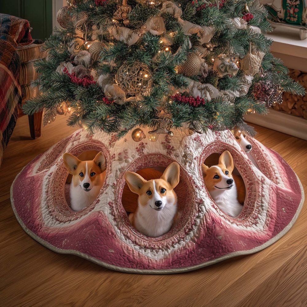 Pink Quilted Corgi Christmas Tree Skirt - Handmade Custom Quilt-Hole Tree Collar Featuring Cute Corgis, Made To Order