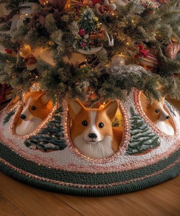 Blush Tunnel Corgi Quilt Christmas Tree Skirt - Handmade Custom Quilt Tree Collar With Playful Corgis, Made To Order