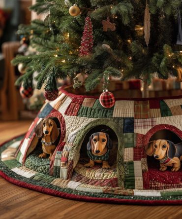 Patchwork Burrow Dachshund Christmas Tree Skirt - Handmade Custom Tree Collar With Playful Dachshund Patch Motif, Made To Order