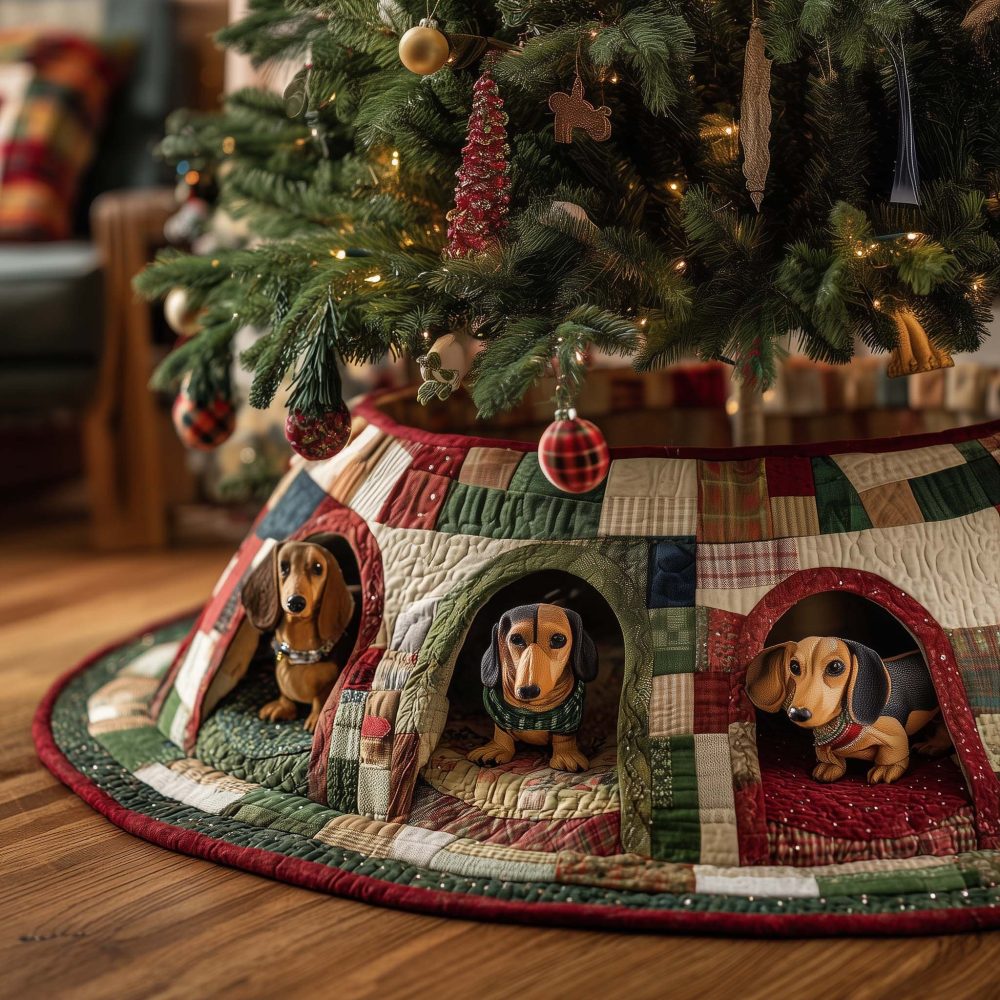 Patchwork Burrow Dachshund Christmas Tree Skirt - Handmade Custom Tree Collar With Playful Dachshund Patch Motif, Made To Order