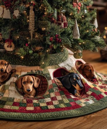 Chequer Quilt Dachshund Christmas Tree Skirt - Custom Handmade Checkered Quilt Tree Collar With Adorable Dachshund Motif, Made To Order
