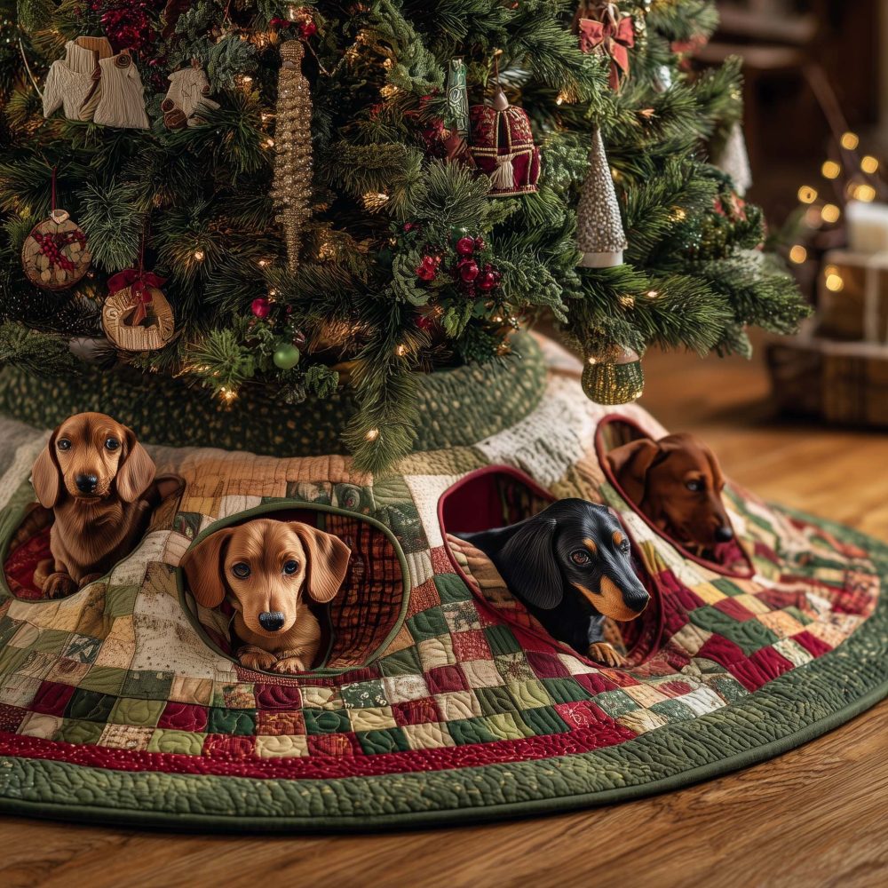 Chequer Quilt Dachshund Christmas Tree Skirt - Custom Handmade Checkered Quilt Tree Collar With Adorable Dachshund Motif, Made To Order