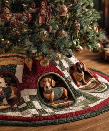 Quilted Dachshund Sweater Christmas Tree Skirt - Handmade Custom Quilted Tree Collar Featuring Dachshunds In Sweaters, Made To Order