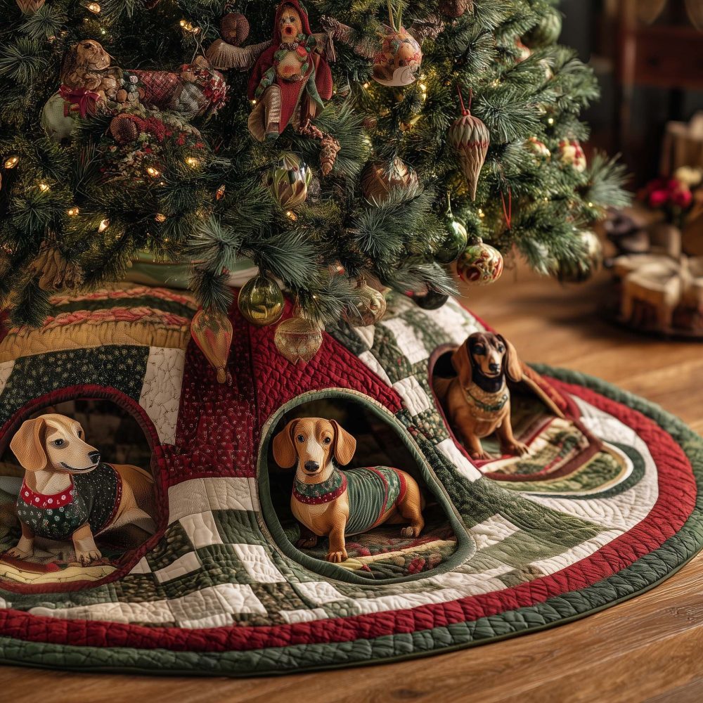 Quilted Dachshund Sweater Christmas Tree Skirt - Handmade Custom Quilted Tree Collar Featuring Dachshunds In Sweaters, Made To Order