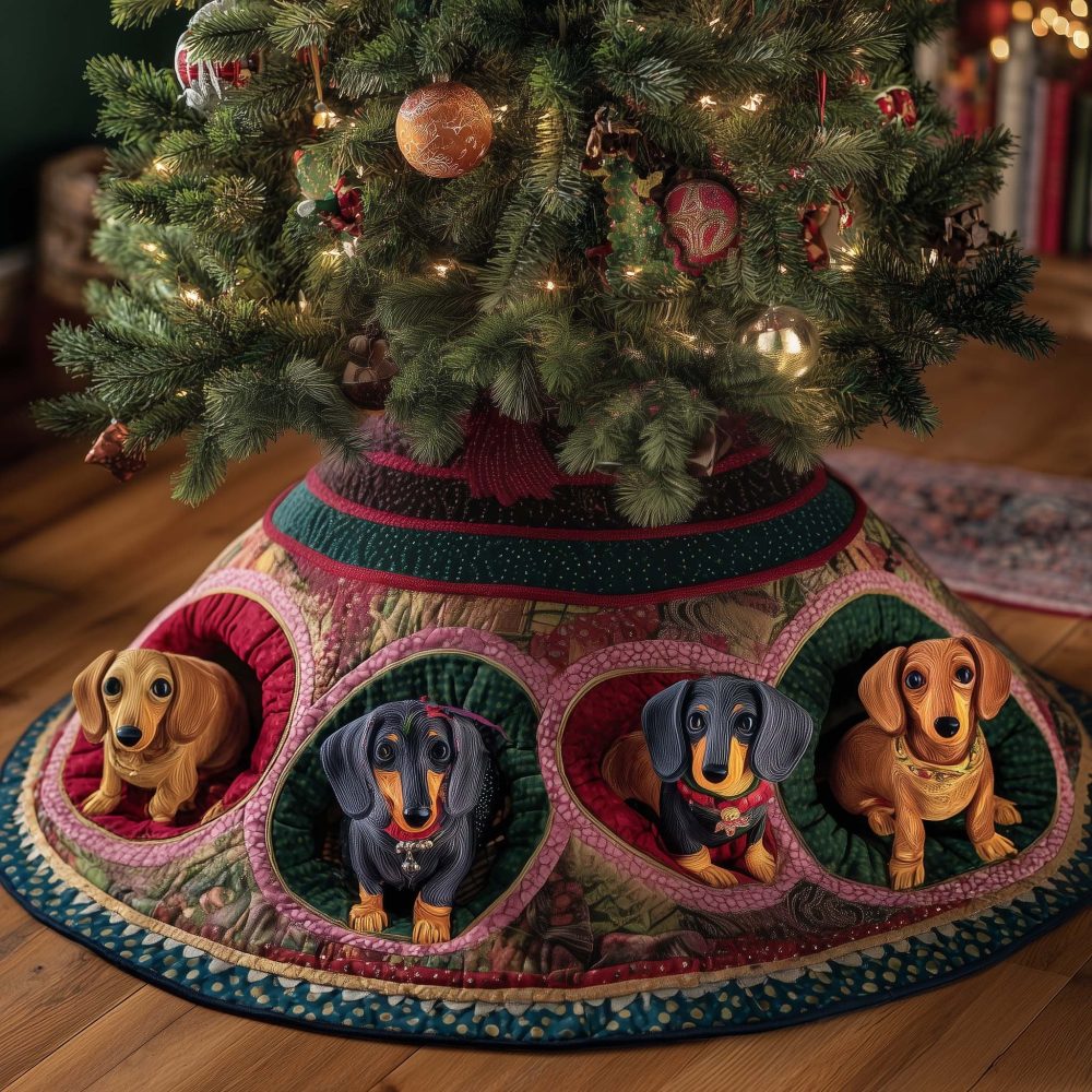 Rose Patch Dachshund Christmas Tree Skirt - Custom Handmade Tree Collar With Cute Dachshund Pups And Floral Patchwork, Made To Order
