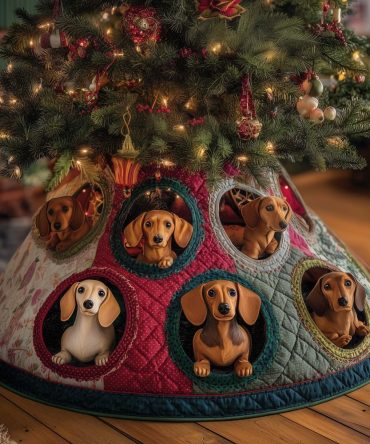 Quilted Dachshund Puppy Christmas Tree Skirt - Handmade Custom Quilt-Hole Tree Collar Featuring Playful Dachshund Pups, Made To Order