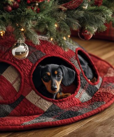 Buffalo Check Dachshund Christmas Tree Skirt - Custom Handmade Plaid Tree Collar With Cozy Dachshund Accent, Made To Order