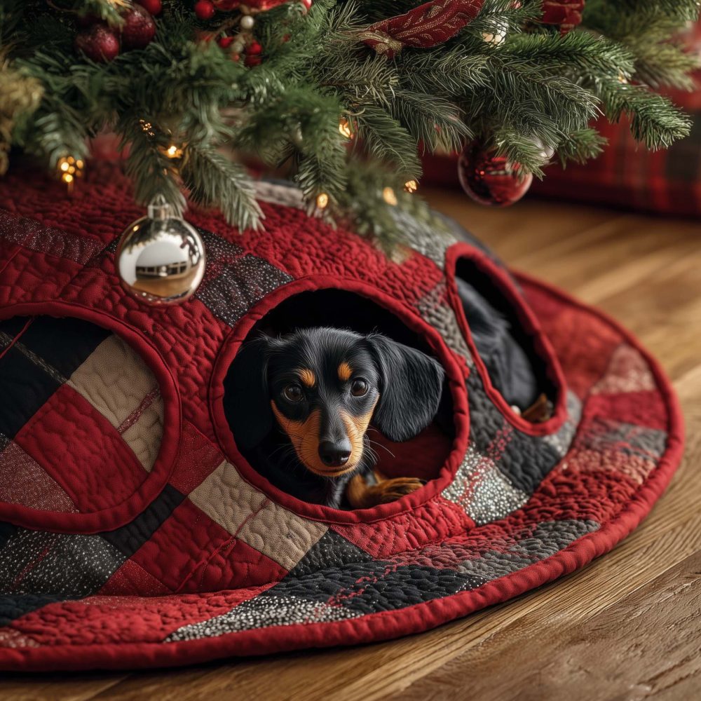 Buffalo Check Dachshund Christmas Tree Skirt - Custom Handmade Plaid Tree Collar With Cozy Dachshund Accent, Made To Order