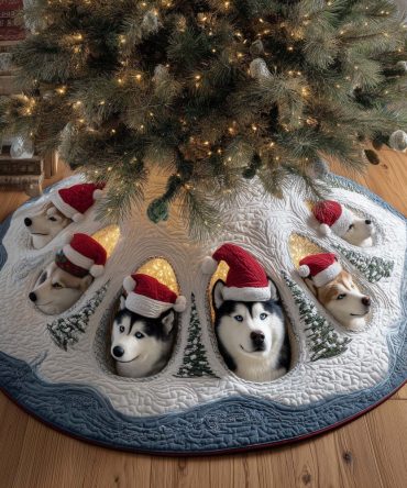 Husky Puppies Wearing Santa Hats Holiday Tree Skirt — Custom White Christmas Skirt With Festive Puppies, Handmade & Made-To-Order