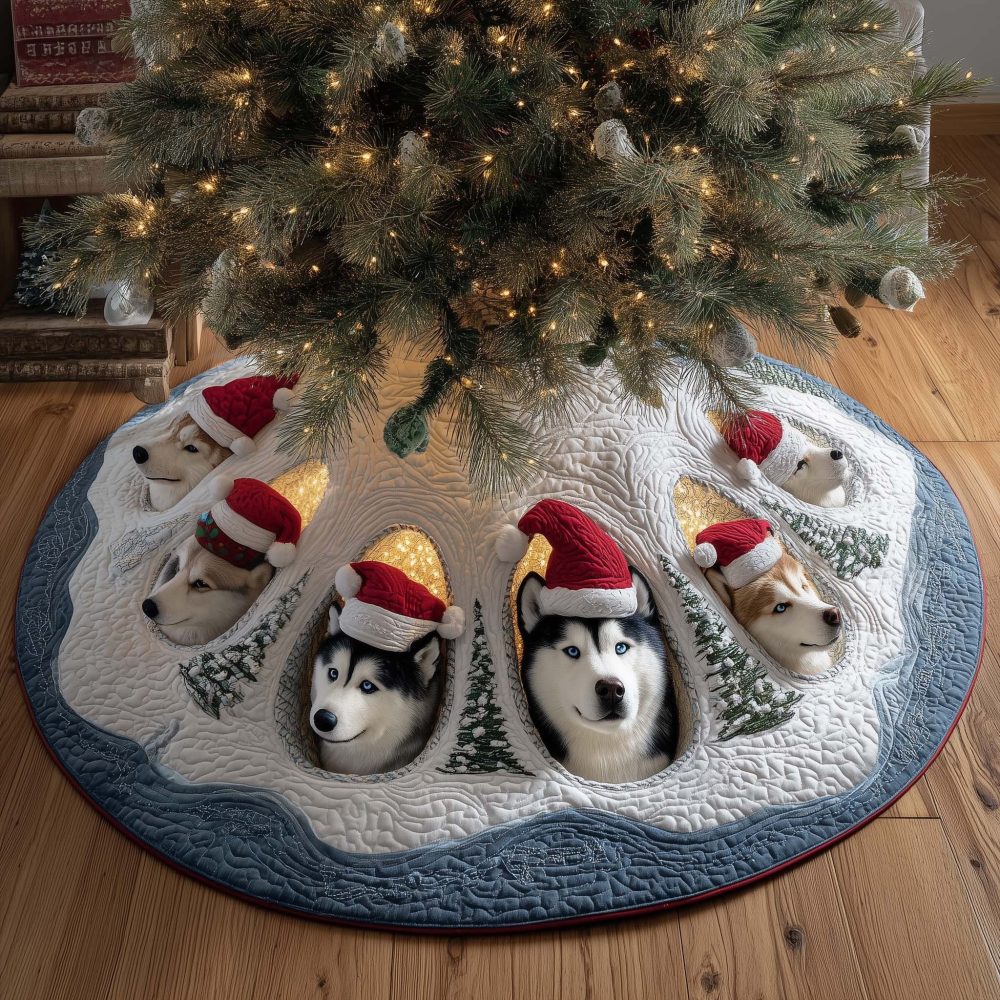 Husky Puppies Wearing Santa Hats Holiday Tree Skirt — Custom White Christmas Skirt With Festive Puppies, Handmade & Made-To-Order