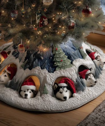 Huskies Peeking From Snowy Burrows Christmas Tree Skirt — Custom Made Winter Pet-Themed Holiday Skirt, Handmade To Order