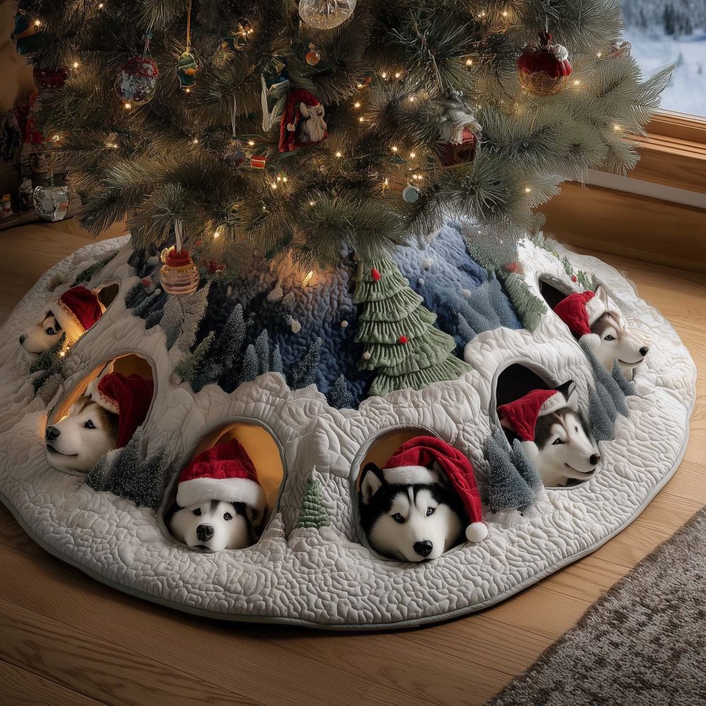 Huskies Peeking From Snowy Burrows Christmas Tree Skirt — Custom Made Winter Pet-Themed Holiday Skirt, Handmade To Order