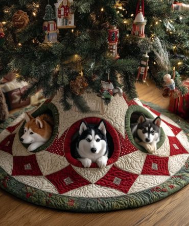 Red Diamond Patchwork Huskies Christmas Tree Skirt — Handmade Patchwork Holiday Skirt With Charming Husky Panels, Custom Options