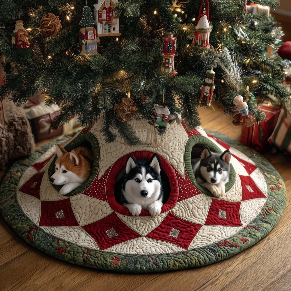 Red Diamond Patchwork Huskies Christmas Tree Skirt — Handmade Patchwork Holiday Skirt With Charming Husky Panels, Custom Options