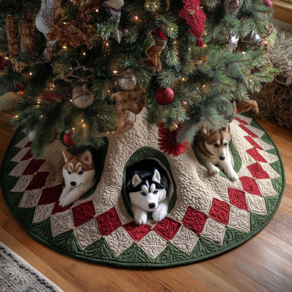 Husky In Red Checkerboard Tunnel Christmas Tree Skirt — Custom Holiday Skirt With Playful Husky, Handmade To Order