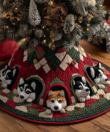 Husky Puppies In Red Patchwork Houses Tree Skirt — Handmade, Made-To-Order Cottage-Style Holiday Skirt With Puppy Motif