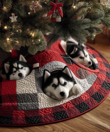 Red Buffalo Plaid Huskies Nap-Time Christmas Tree Skirt — Custom Made Rustic Holiday Skirt With Sleeping Husky Motif
