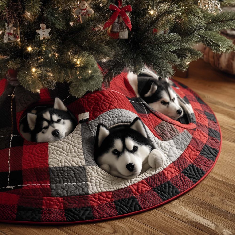 Red Buffalo Plaid Huskies Nap-Time Christmas Tree Skirt — Custom Made Rustic Holiday Skirt With Sleeping Husky Motif