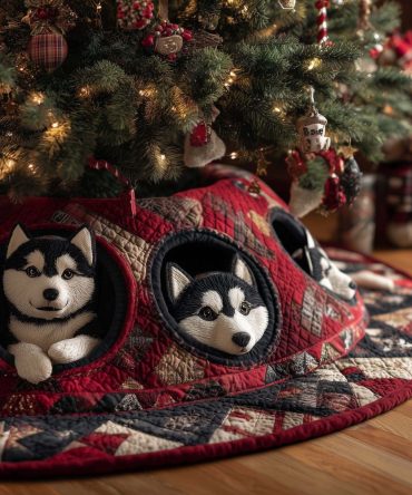 Cozy Huskies In Plaid Quilt Christmas Tree Skirt — Made-To-Order Holiday Tree Skirt With Rustic Plaid & Adorable Husky Design