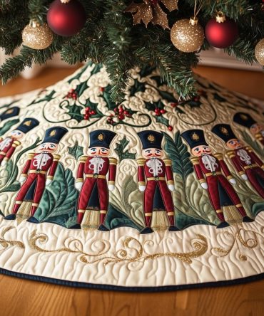 Nutcrackers In Holly Border Christmas Tree Skirt — Festive Nutcracker & Holly Trim Holiday Skirt, Made-To-Order In Multiple Sizes